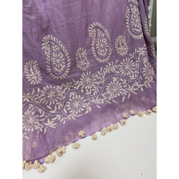 Indigo Handloom Purple Embroidered Pom Pom Scarf 34x70" - Picture 6 of 6